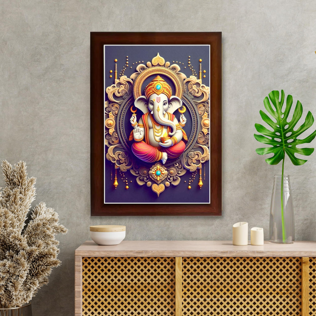 CRAFT QUEST Ganesh Ganpati Ganesha Art Framed Painting Ready to Hang and Wall Home Decor