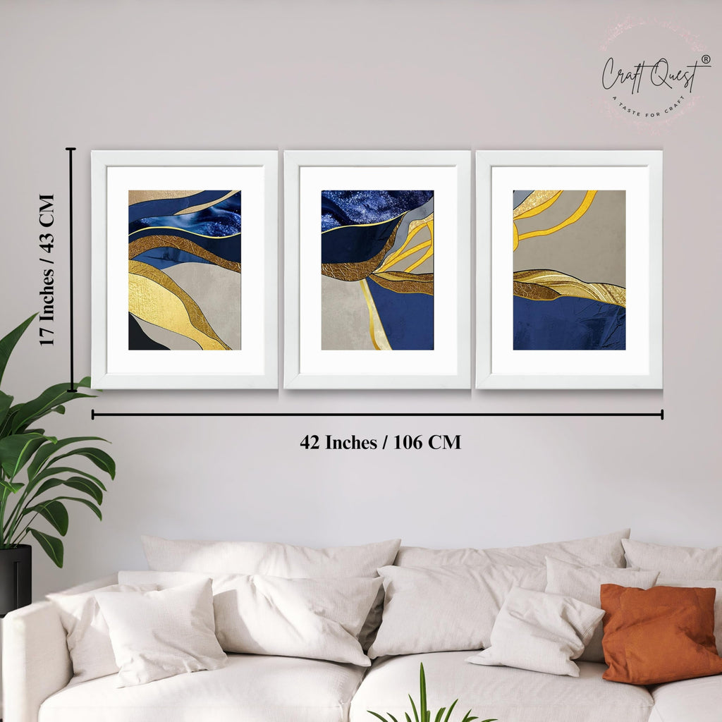 CRAFT QUEST Abstract Blue & Gold Artwork | Set of 3 Frames for Home Decoration | Ideal for Living Room, Bedroom & Offices