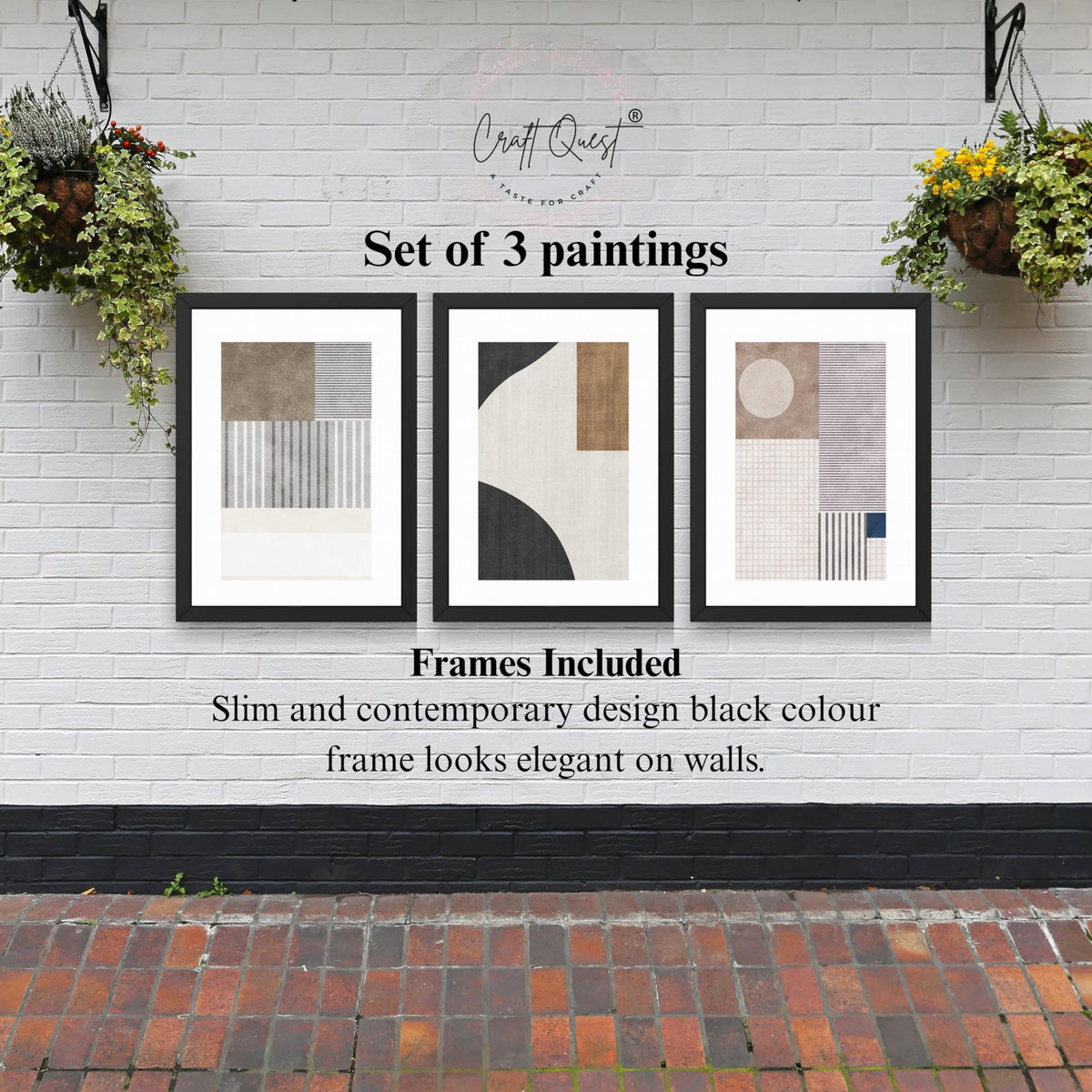 CRAFT QUEST Abstract Geometric Art Painting | Set of 3 Frames for Home Decoration | Ideal for Living Room, Bedroom & Offices