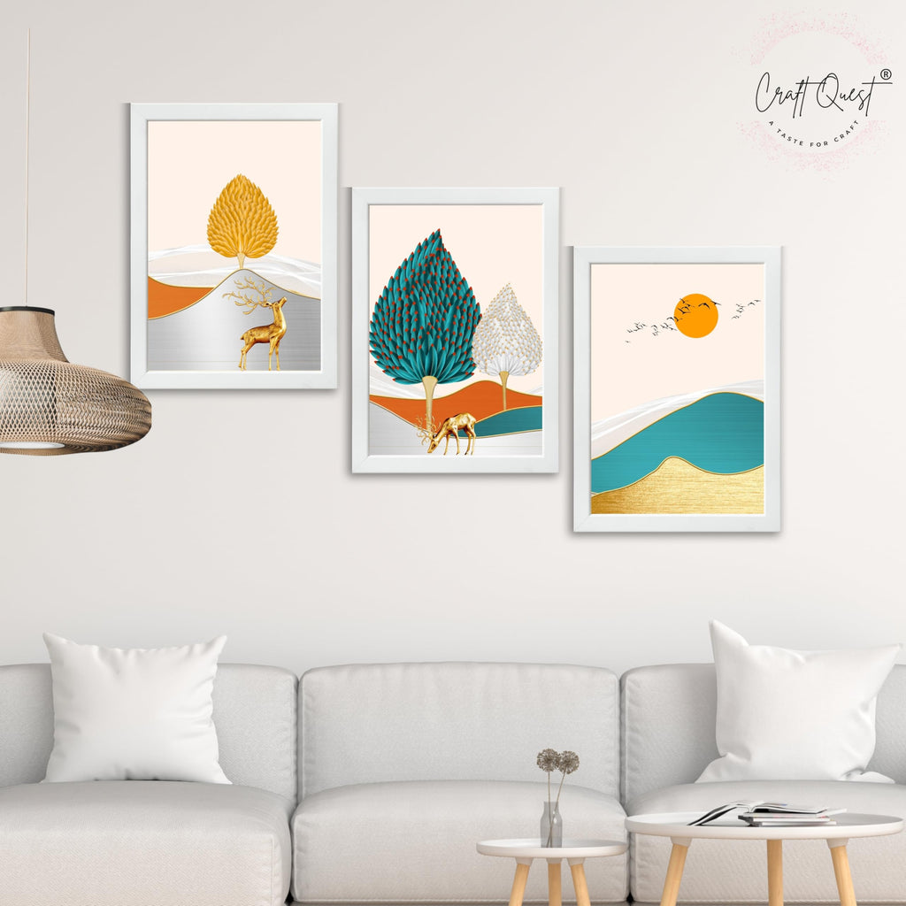 CRAFT QUEST Modern Art Landscapes Sanlian Adornment Abstract Wall Art | Set of 3 Frames for Home Decoration | Ideal for Living Room, Bedroom & Offices