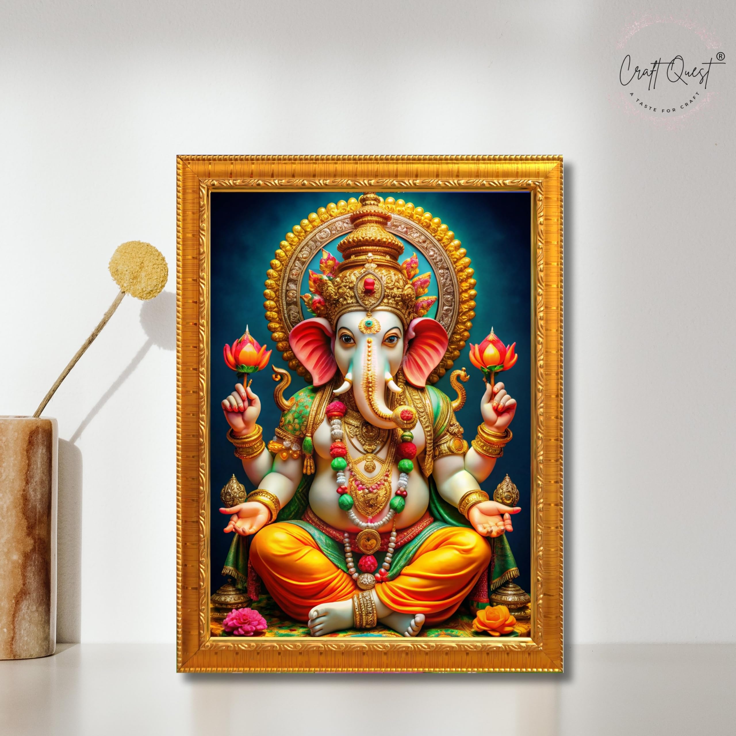 CRAFT QUEST Lord Ganpati Ji Laminated God Photo Frame Wall Decor Mandir Pooja Poster Religious Painting Divine Hindu Temple Decoration Spiritual Blessings Home Office Gift