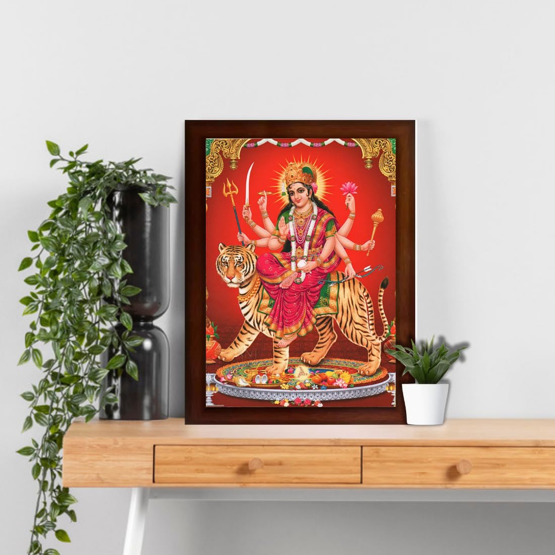 CRAFT QUEST Durga maa photo with brown frame, God Religious Framed Painting (Large Size 14 X 10 Inches. Multicolour)