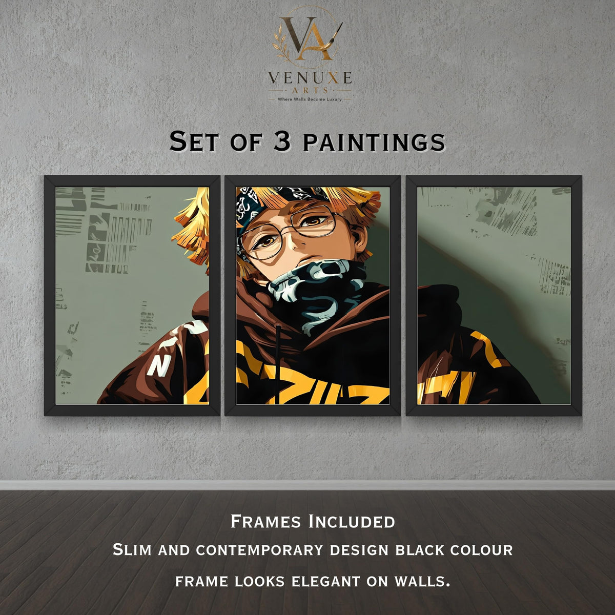 VENUXE ARTS Set Of 3 Anime Characters Wall Framed |Anime Characters Framed Poster for Living Room Bedroom Gaming Room Studio Wall Decor