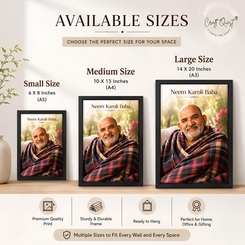 CRAFT QUEST Neem Karoli Baba Maharaj Ji Smiling Portrait Photo Frame for Wall | Spiritual Guru Religious Wall Art | Devotional Photo for Home, Mandir, Puja Room & Gifting