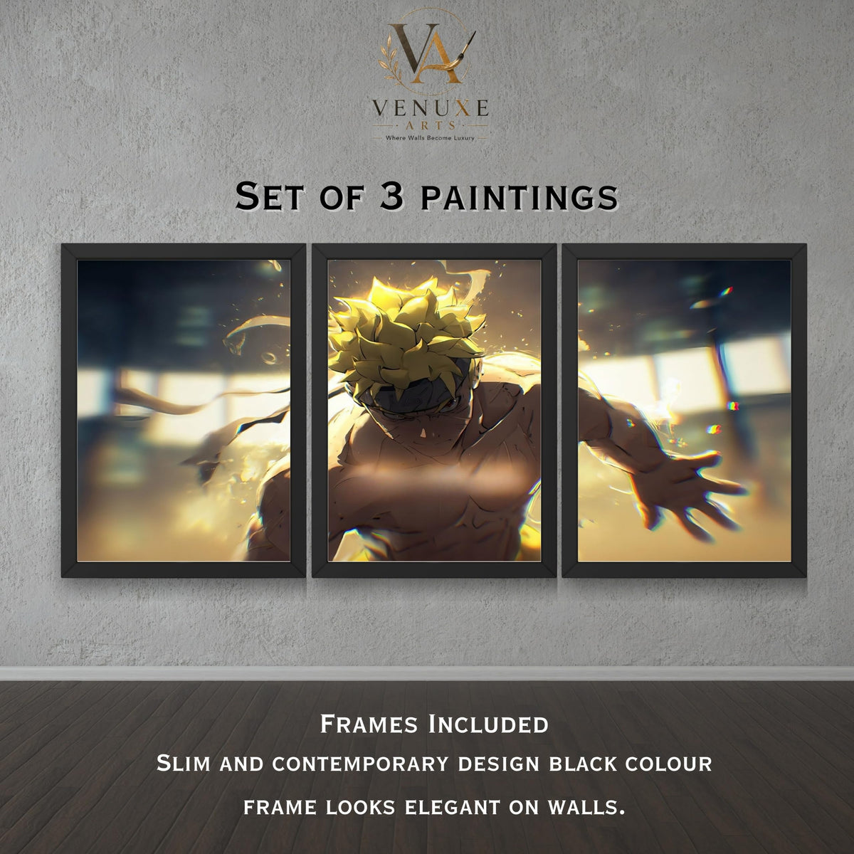 VENUXE ARTS Set Of 3 Anime Characters Wall Framed |Anime Characters Framed Poster for Living Room Bedroom Gaming Room Studio Wall Decor