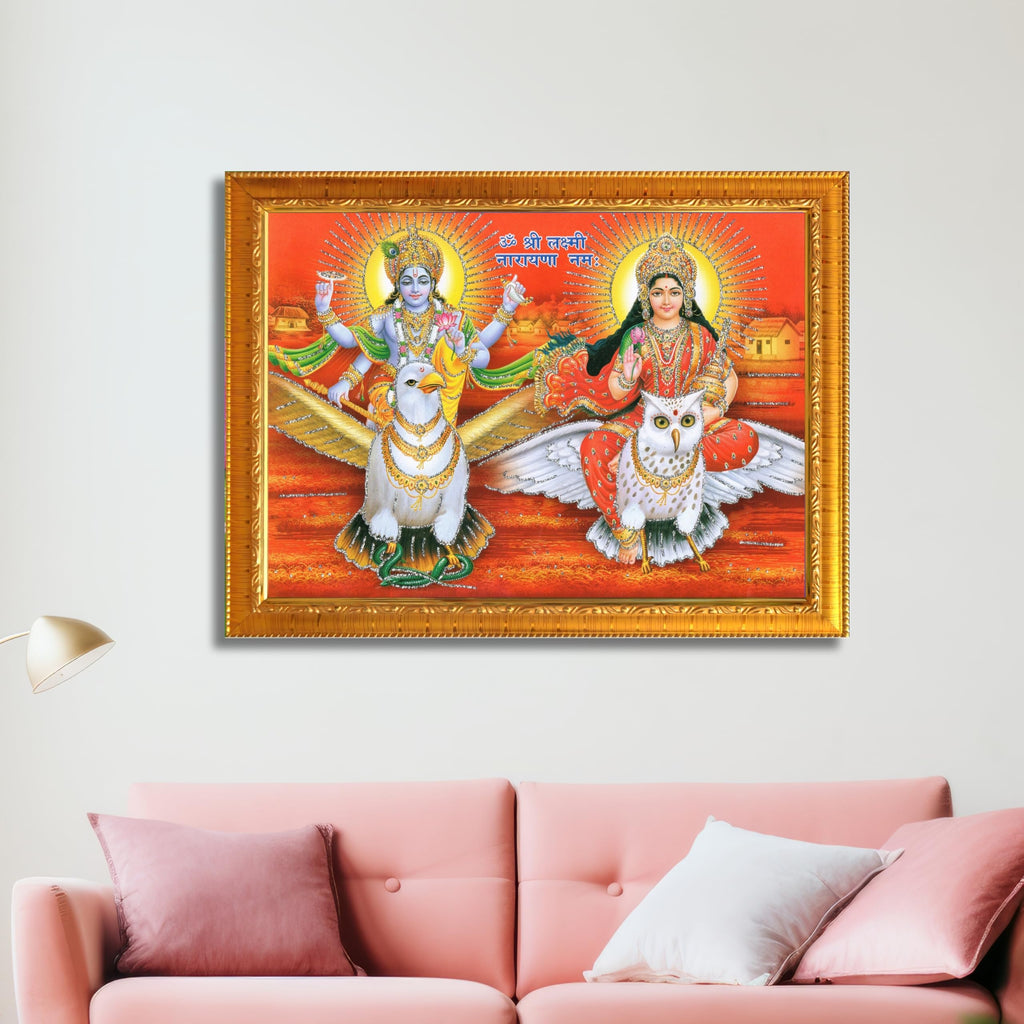 CRAFT QUEST Lord Vishnu and Goddess Lakshmi Giving Blessing on Garud Jii, Glitter Work Painting wooden frame