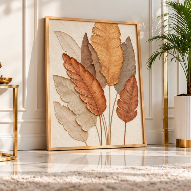 3D Leaf Wall Art Painting for Living Room, Botanical Nature Wall Decor, Earthy Brown Beige Feather Leaf Artwork with Wooden Frame for Bedroom, Hallway & Office