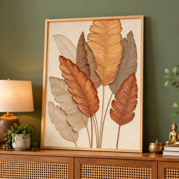 3D Leaf Wall Art Painting for Living Room, Botanical Nature Wall Decor, Earthy Brown Beige Feather Leaf Artwork with Wooden Frame for Bedroom, Hallway & Office