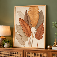 3D Leaf Wall Art Painting for Living Room, Botanical Nature Wall Decor, Earthy Brown Beige Feather Leaf Artwork with Wooden Frame for Bedroom, Hallway & Office