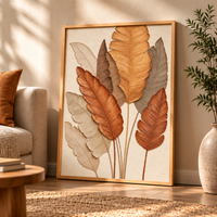 3D Leaf Wall Art Painting for Living Room, Botanical Nature Wall Decor, Earthy Brown Beige Feather Leaf Artwork with Wooden Frame for Bedroom, Hallway & Office