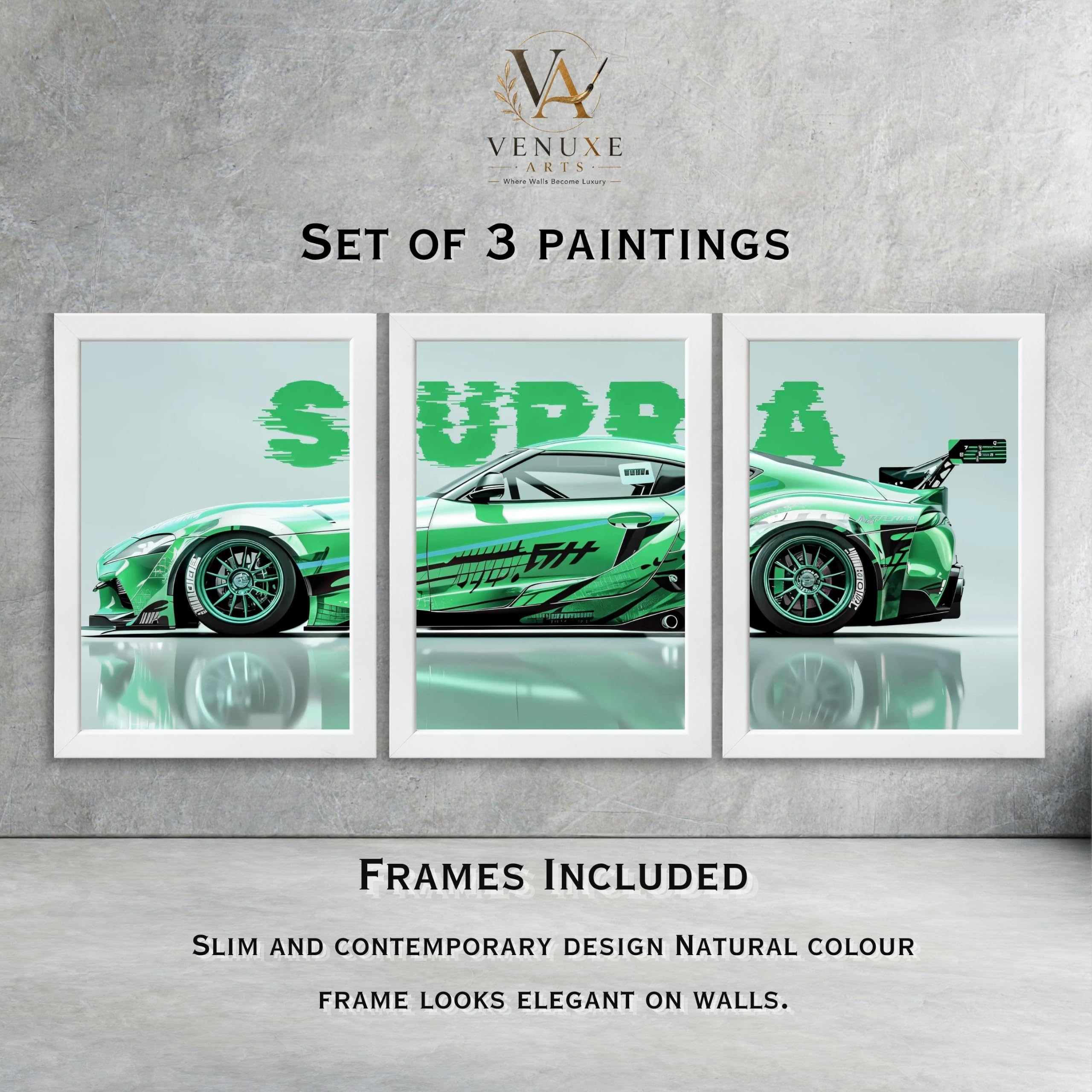 VENUXE ARTS Set Of 3 Big Sports Cars Framed Posters Gift Items for Boys Room Wall Decoration Bedroom Living Room Office Studio Décor | Car Poster Frame for Wall Décor