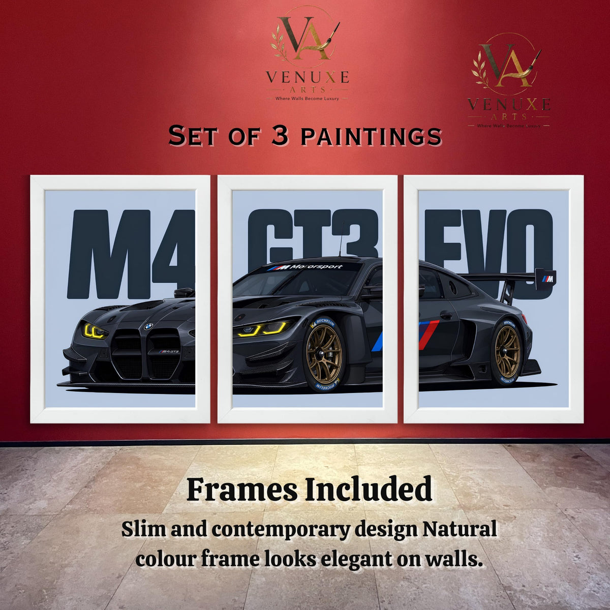 VENUXE ARTS Set Of 3 Big Sports Cars Framed Posters Gift Items for Boys Room Wall Decoration Bedroom Living Room Office Studio Décor | Car Poster Frame for Wall Décor