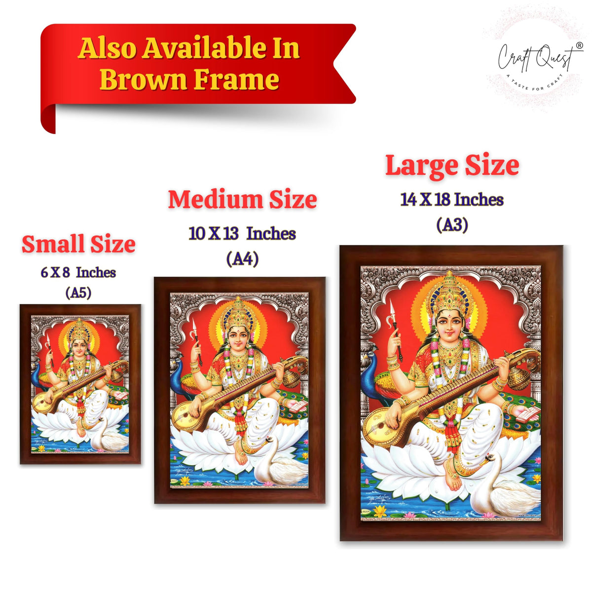 CRAFT QUEST Saraswati Devi Goddess Saraswathi Maa Wall Painting Sparkle Coated Framed Home Décor Synthetic wooden Frame