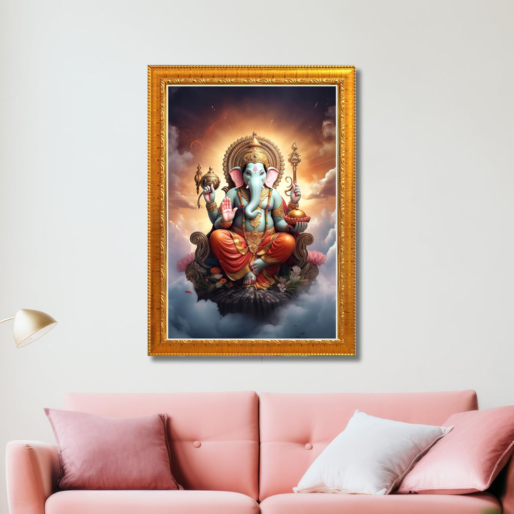 CRAFT QUEST God Ganesha Ganpati ji Photo Frame Wall Decor Mandir Pooja Poster Religious Painting Divine Hindu Temple Decoration Spiritual Blessings Home Office Gift