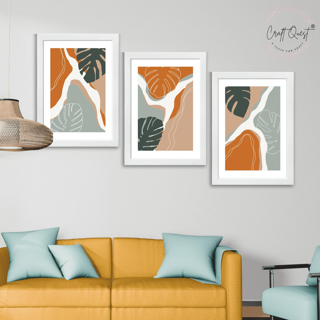 CRAFT QUEST SET OF 3 Organic Modern Leaf Wall Art | Set of 3 Frames for Home Decoration | Ideal for Living Room, Bedroom & Offices