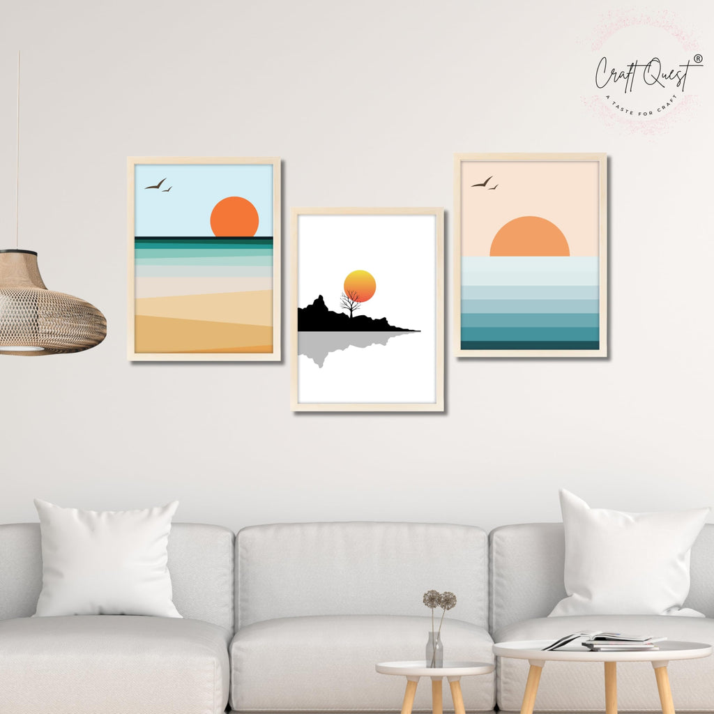 CRAFT QUEST Nature Inspired Abstract Of Sunset Wall Art | Set of 3 Frames for Home Decoration | Ideal for Living Room, Bedroom & Offices
