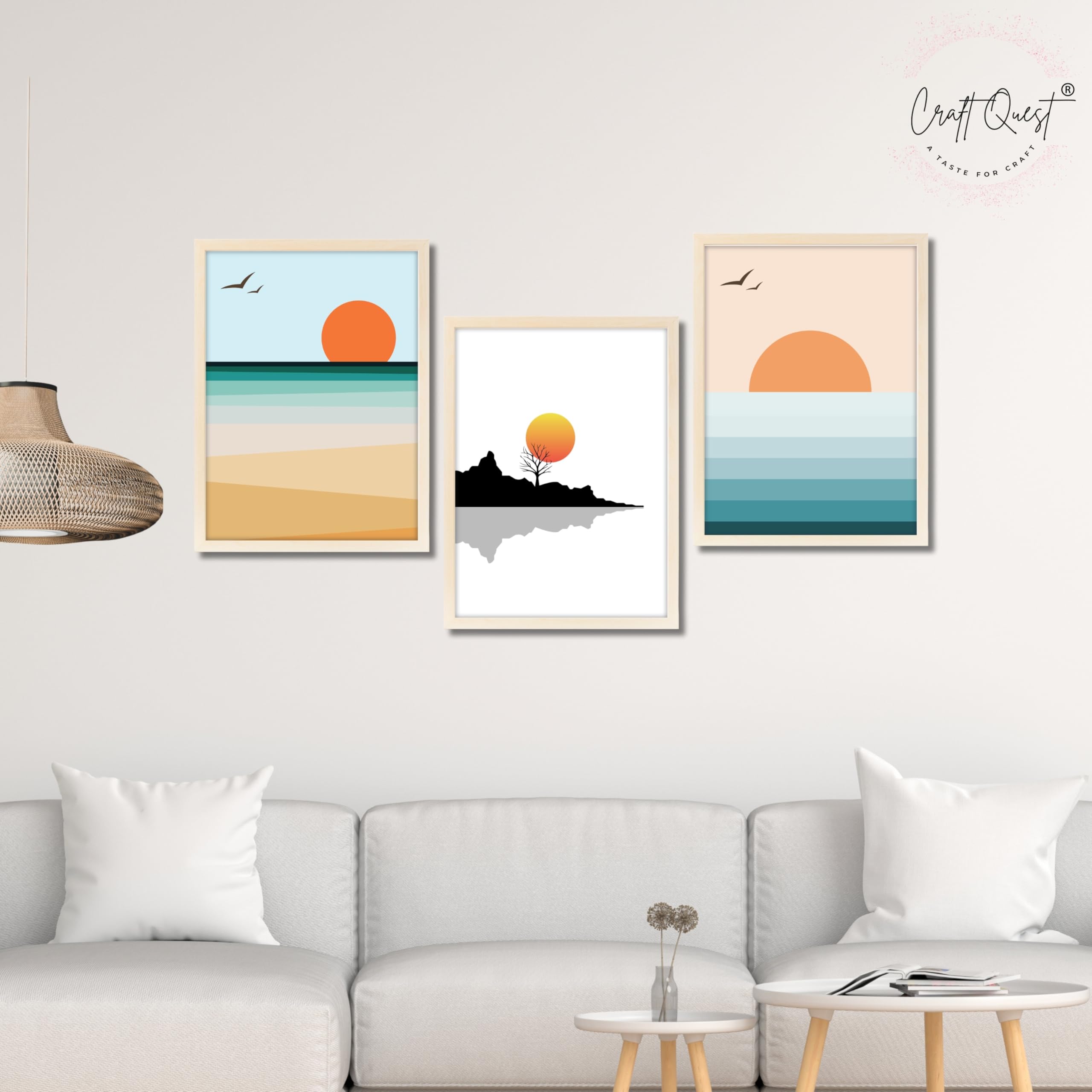 CRAFT QUEST Nature Inspired Abstract Of Sunset Wall Art | Set of 3 Frames for Home Decoration | Ideal for Living Room, Bedroom & Offices