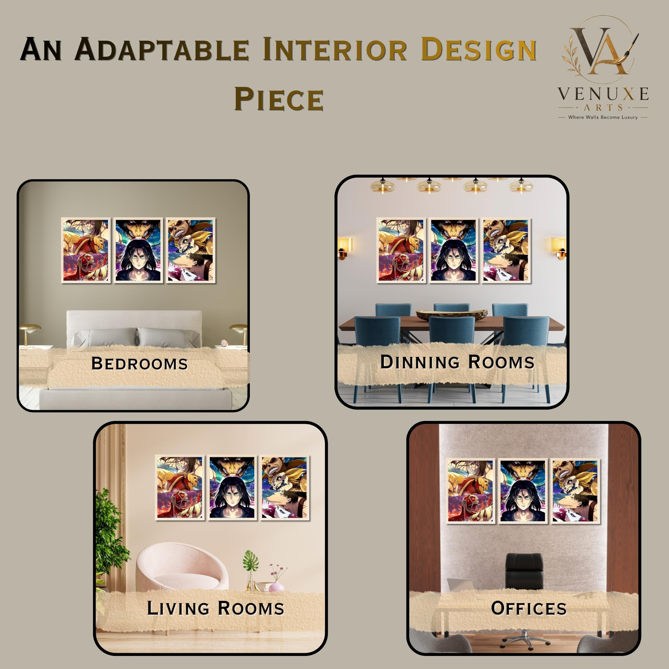 VENUXE ARTS Set Of 3 Anime Characters Wall Framed |Anime Characters Framed Poster for Living Room Bedroom Gaming Room Studio Wall Decor