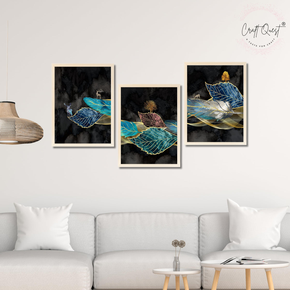 CRAFT QUEST Modern Art Blue,Turquoise & Red Leaves Wall Art | Set of 3 Frames for Home Decoration | Ideal for Living Room, Bedroom & Offices
