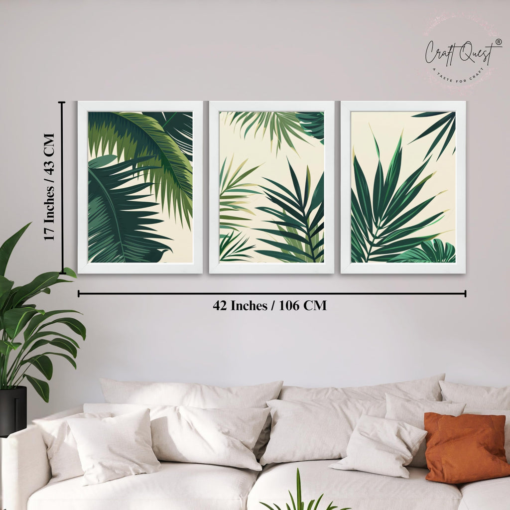 CRAFT QUEST Nature Inspired Tropical Palm Leaves Modern Wall Art | Set of 3 Frames for Home Decoration | Ideal for Living Room, Bedroom & Offices