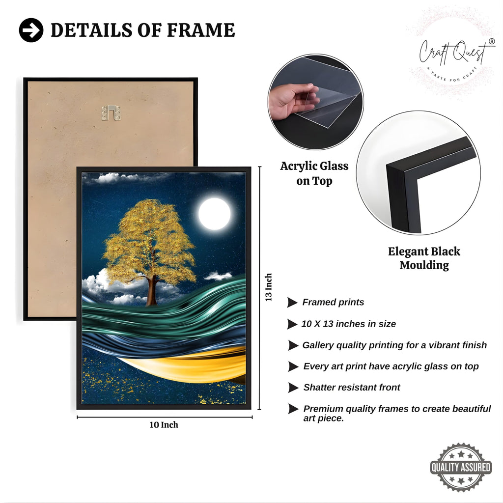 CRAFT QUEST Modern Art With Dark Blue Background & Golden Tree Wall Art | Set of 3 Frames for Home Decoration | Ideal for Living Room, Bedroom & Offices