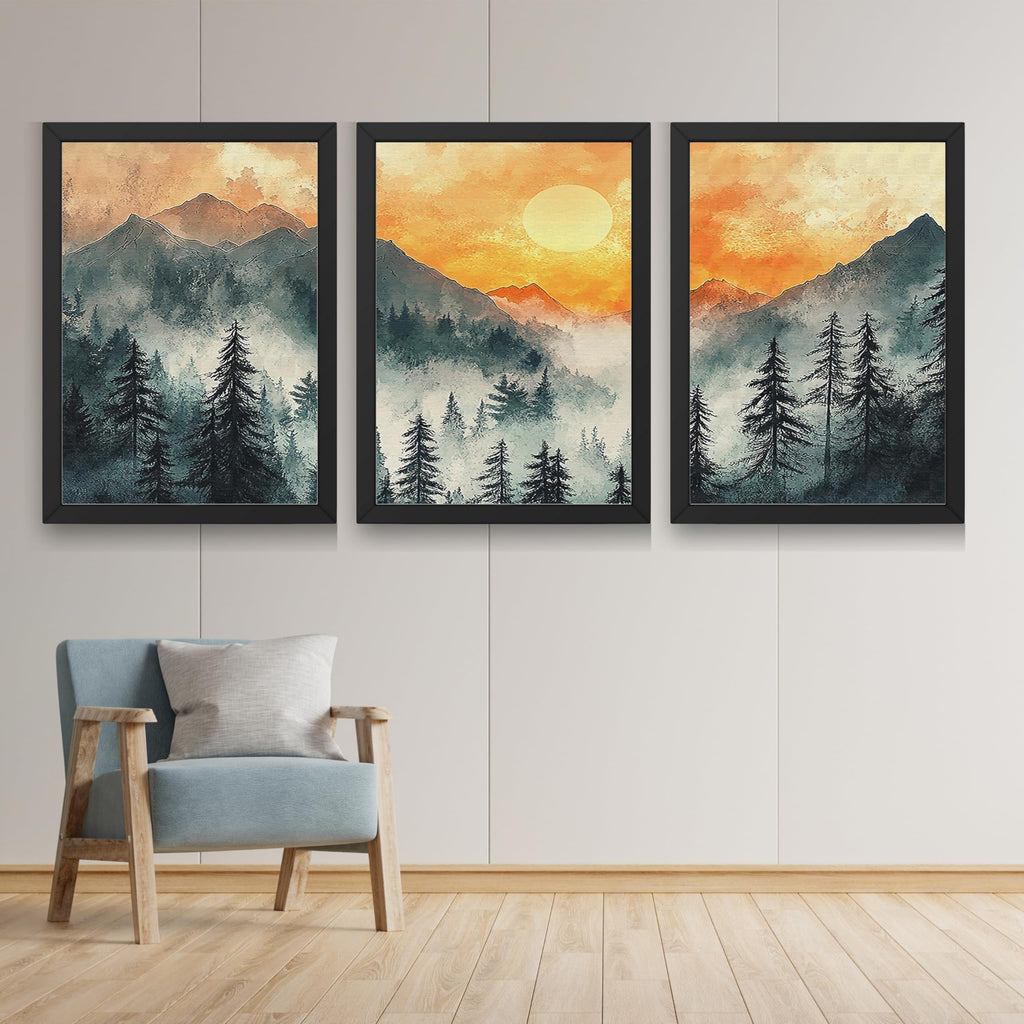 CRAFT QUEST Nature Inspired Paintings With Trees & Mountains Wall Art | Set of 3 Frames for Home Decoration | Ideal for Living Room, Bedroom & Office