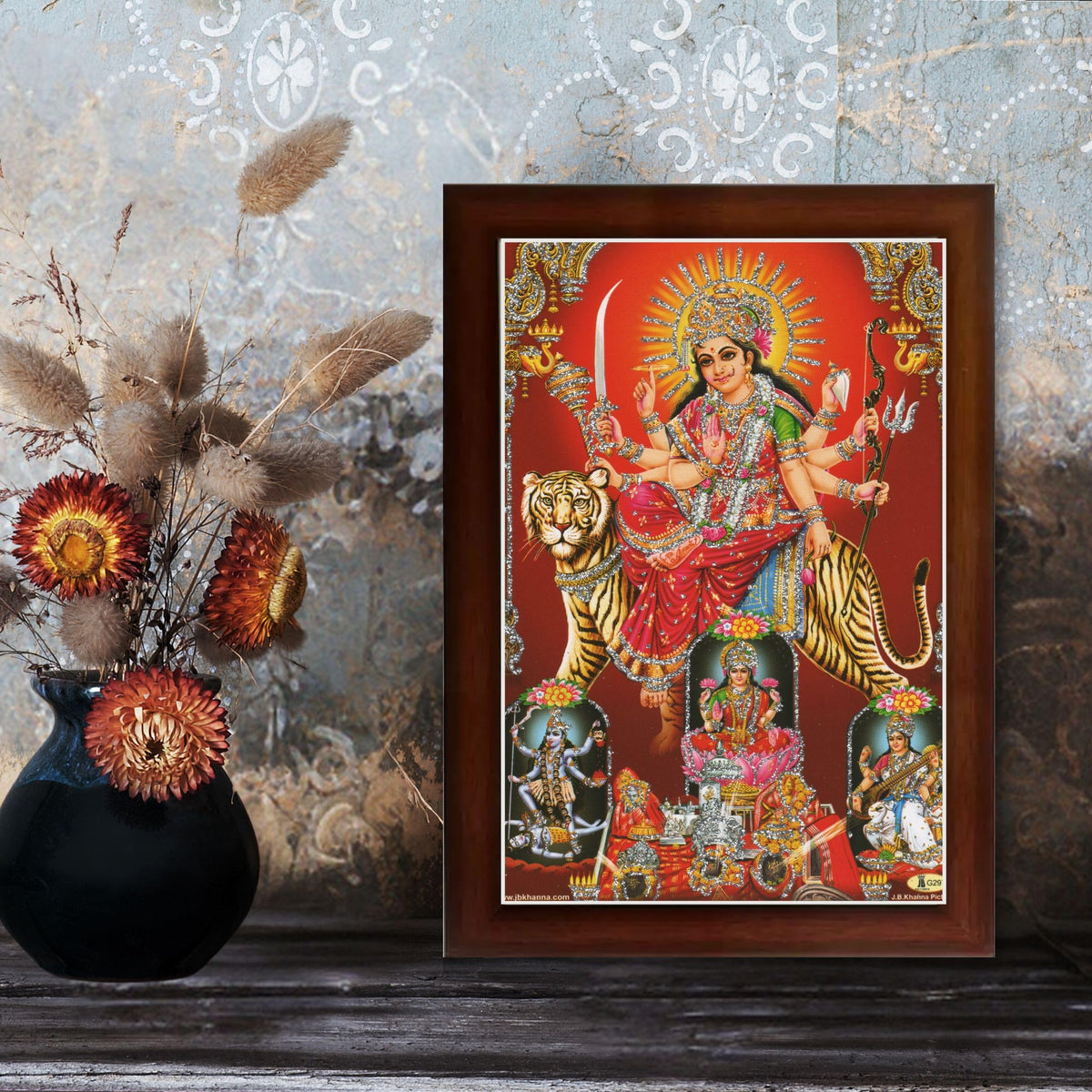 CRAFT QUEST Durga maa photo with BROWN frame, God Religious Framed Painting (Small Size, 8 X 6 Inches) DURGA0608-207B
