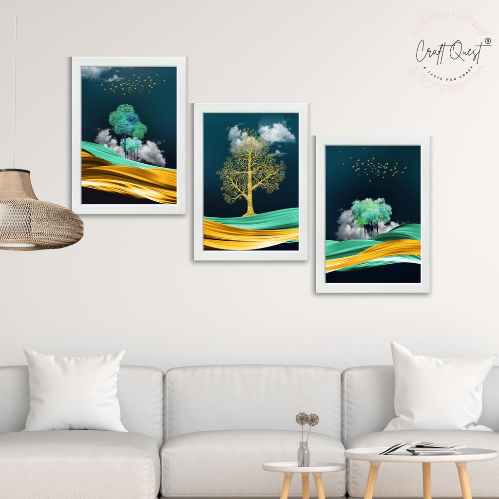 CRAFT QUEST Modern Art Mural With Golden Tree & Birds Wall Art | Set of 3 Frames for Home Decoration | Ideal for Living Room, Bedroom & Offices