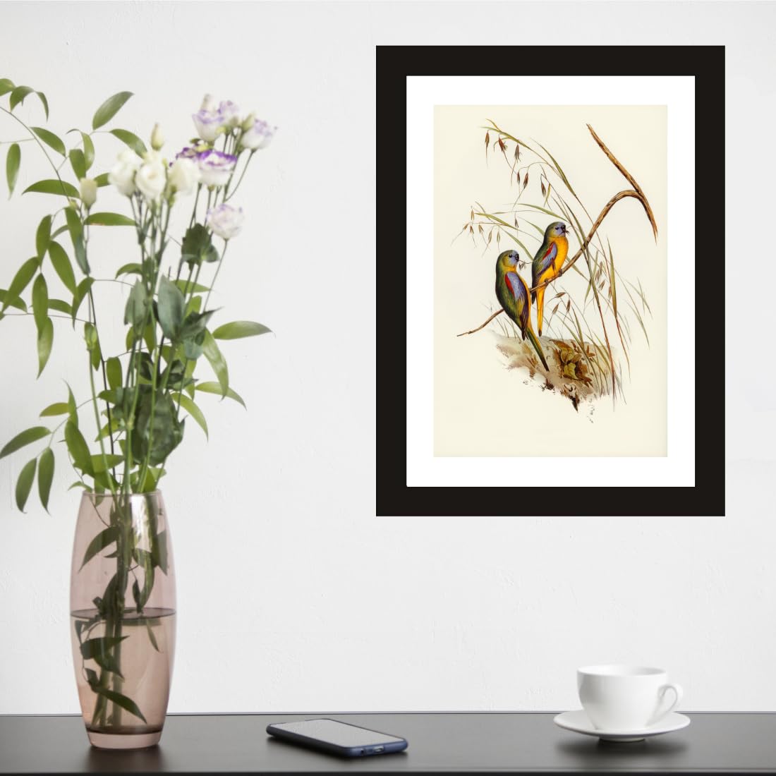 CRAFT QUEST Abstract Digital Bird Duo Modern Art Painting Poster Frame for Home & Office Wall Decoration - Portrait, Wall Display (Black, 14x10 Inch Frame with Art Print) (Tropical Reverie)