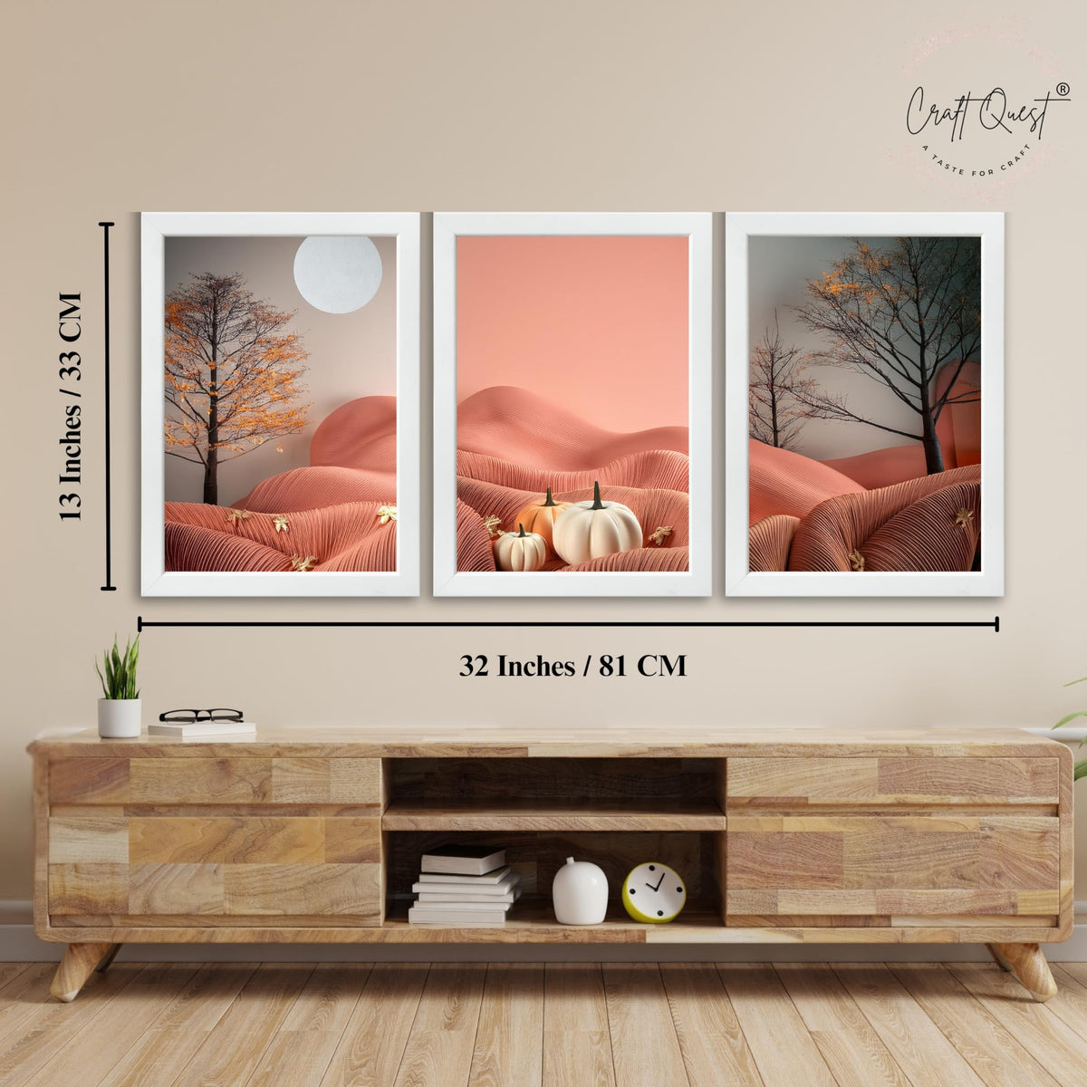 CRAFT QUEST Nature Inspired Autumn Minimalist Modern Wall Art | Set of 3 Frames for Home Decoration | Ideal for Living Room, Bedroom & Office