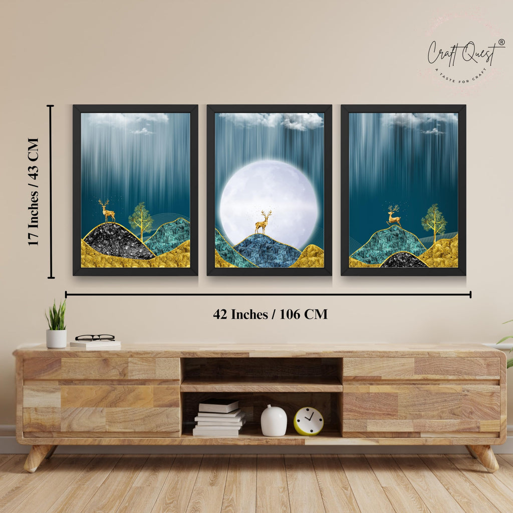 CRAFT QUEST Modern Art Landscape Of Moon & Golden Christmas Trees Wall Art | Set of 3 Frames for Home Decoration | Ideal for Living Room, Bedroom & Offices