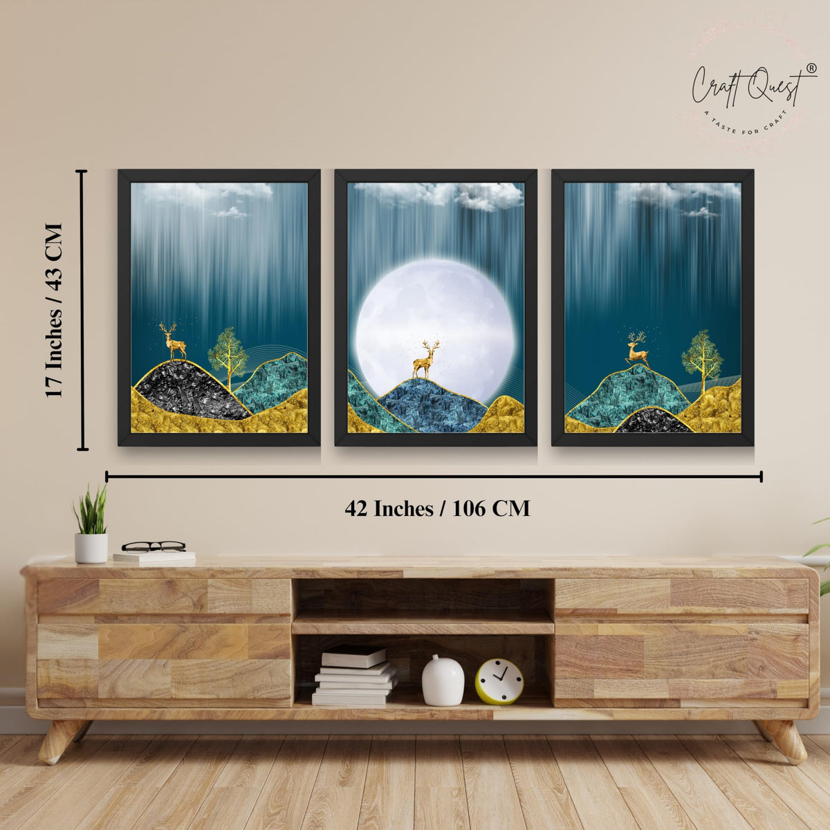 CRAFT QUEST Modern Art Landscape Of Moon & Golden Christmas Trees Wall Art | Set of 3 Frames for Home Decoration | Ideal for Living Room, Bedroom & Offices