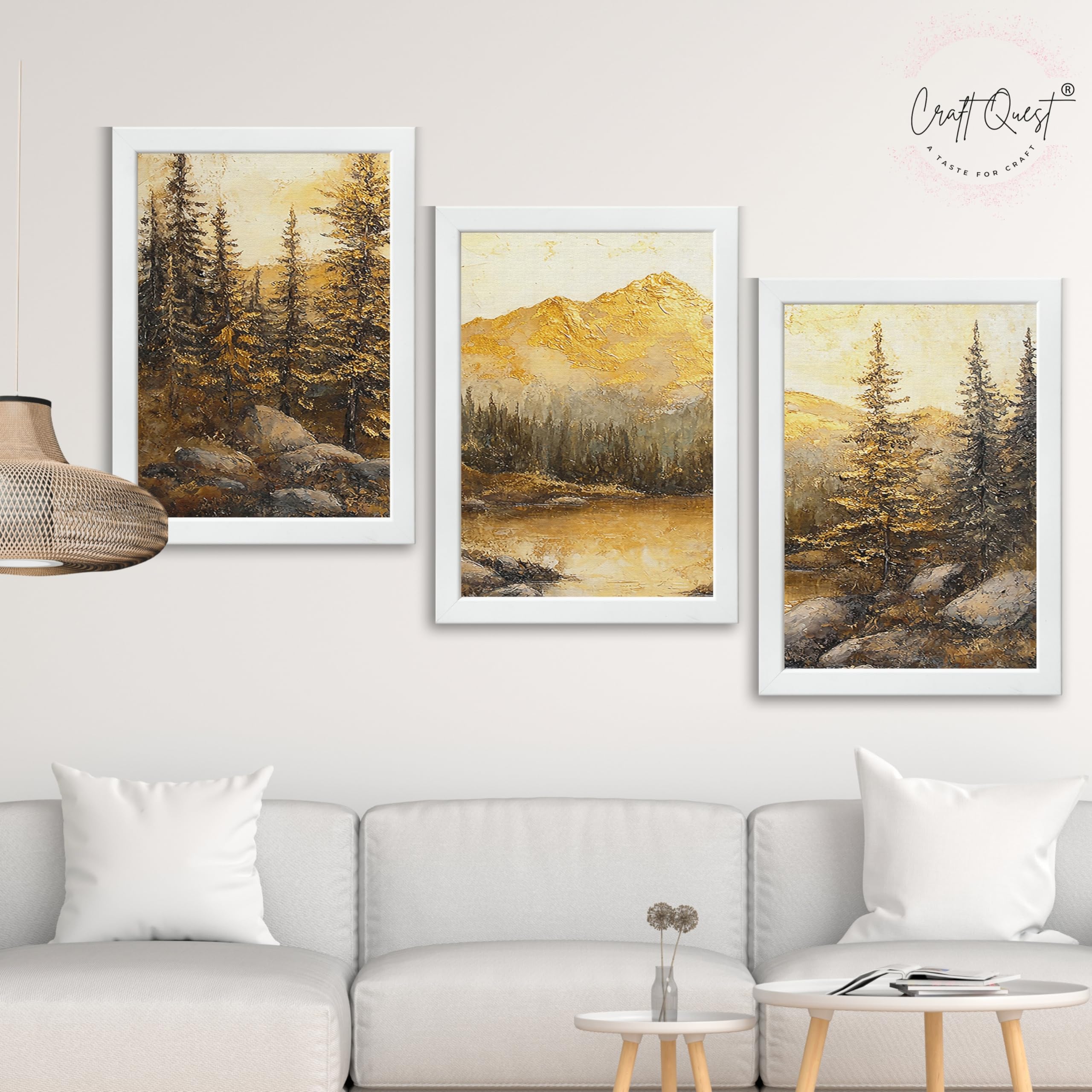 CRAFT QUEST Nature Inspired Painting Of Mountain With Trees Wall Art | Set of 3 Frames for Home Decoration | Ideal for Living Room, Bedroom & Office