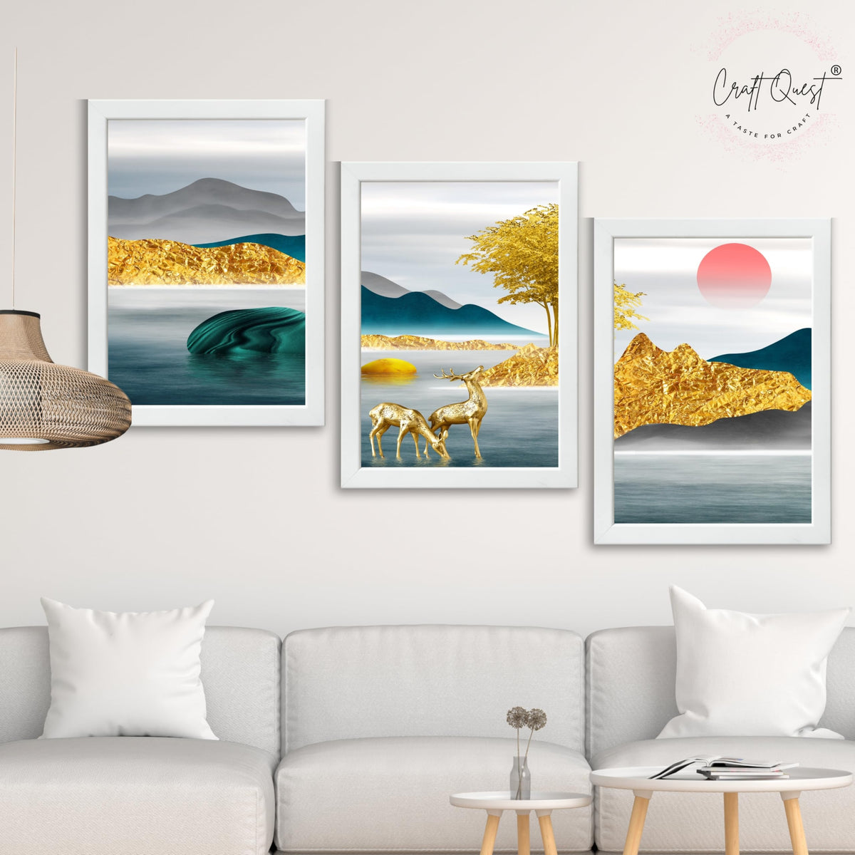 CRAFT QUEST Modern Art Landscapes Sanlian Abstract Wall Art | Set of 3 Frames for Home Decoration | Ideal for Living Room, Bedroom & Offices
