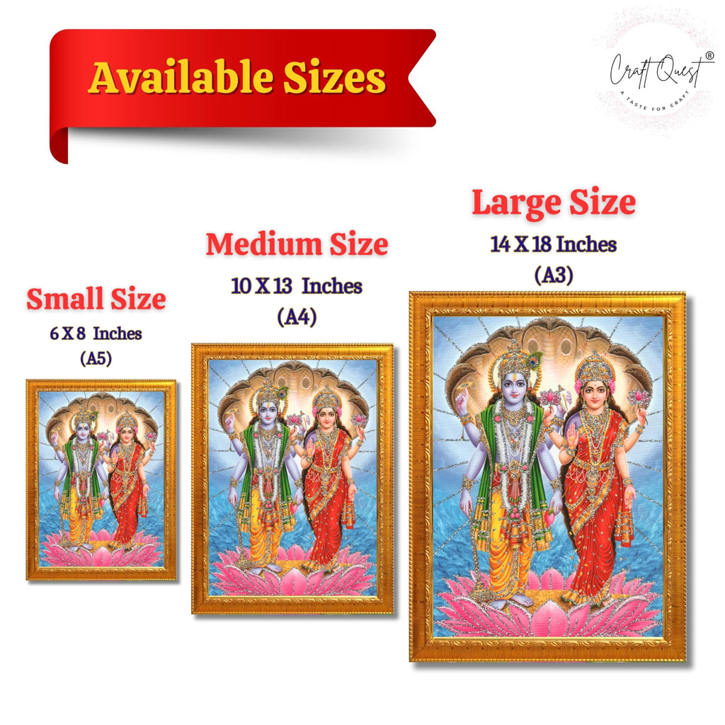 CRAFT QUEST Lord Vishnu Dev Lakshmi Devi Laxmi Narayan Ji Wall Painting Framed Home Decor, Religious Photo Frame