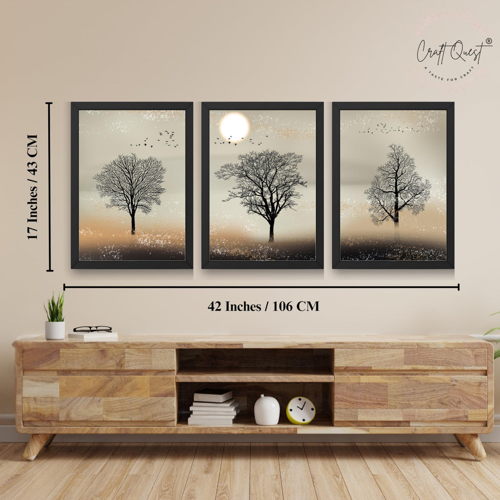 CRAFT QUEST Nature Inspired Landscape With Black Trees Modern Wall Art | Set of 3 Frames for Home Decoration | Ideal for Living Room, Bedroom & Office