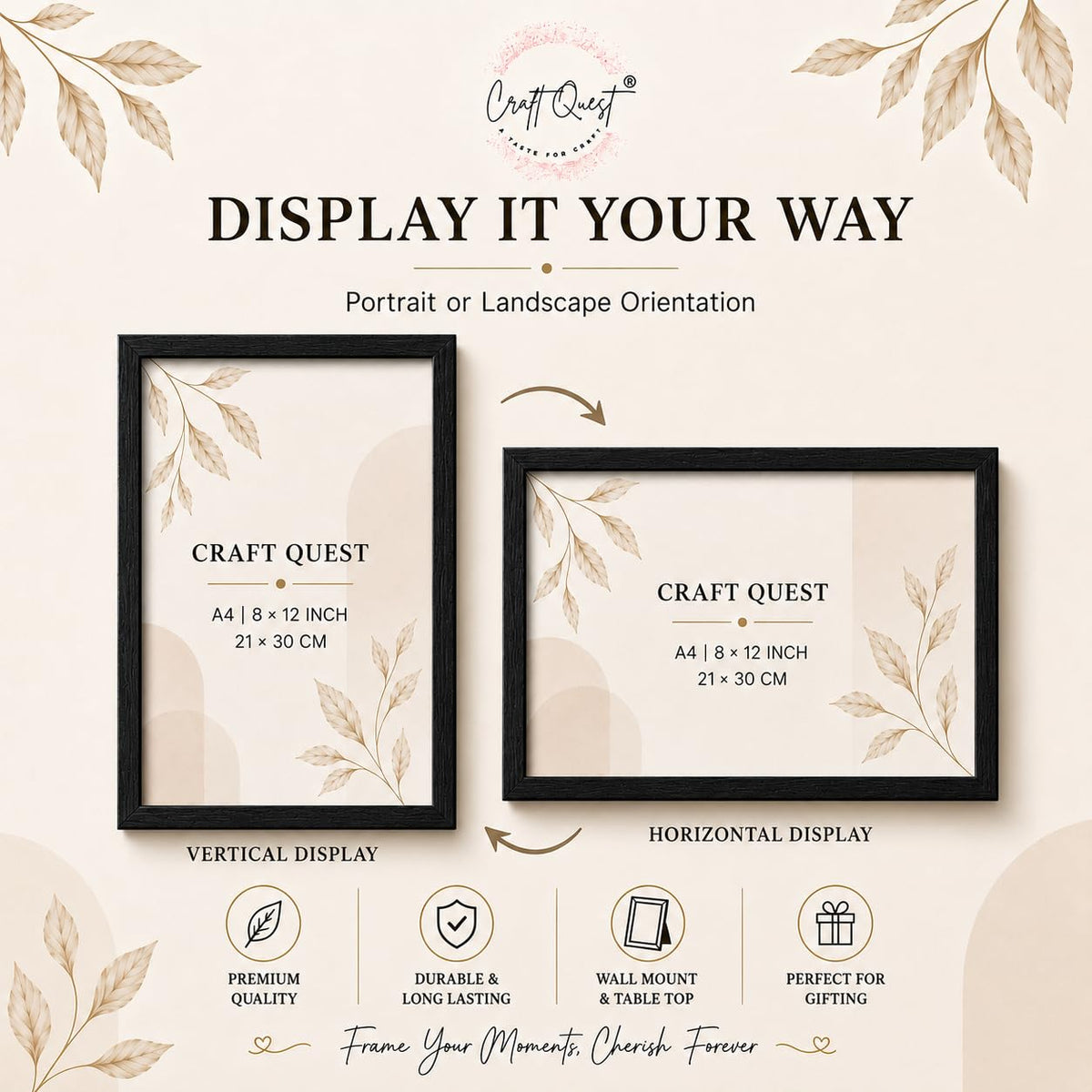 CRAFT QUEST 4X6 Inch Size synthetic Wall Mount Photo frames Single For Home Decoration, Living Room, Office Decoration (Natural, Set of 1)