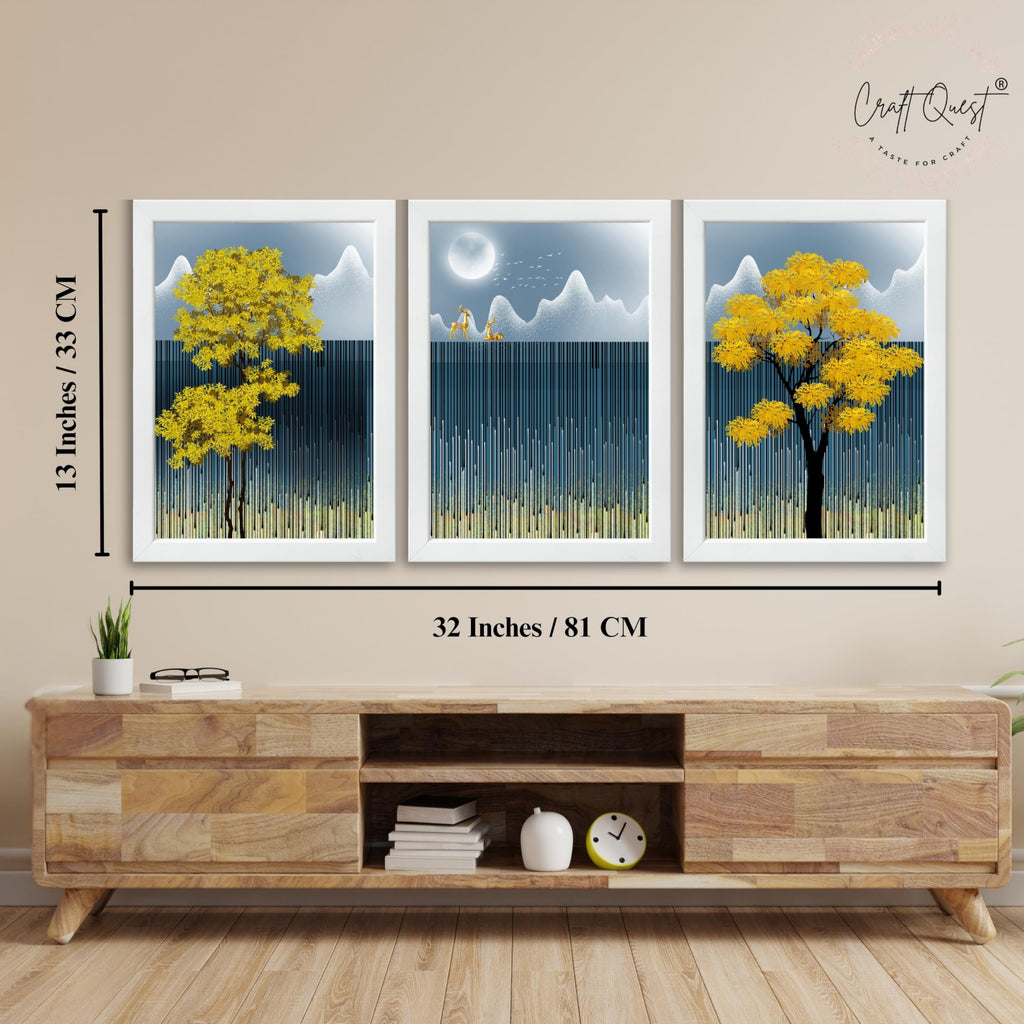 CRAFT QUEST Modern Abstract Blue Landscape Art | Set of 3 Frames for Home Decoration | Ideal for Living Room, Bedroom & Offices