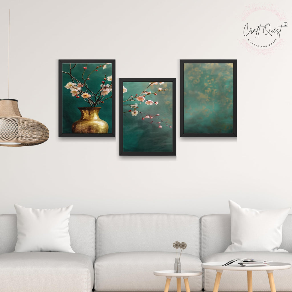 CRAFT QUEST Nature Inspired Flowers In Vase Modern Wall Art | Set of 3 Frames for Home Decoration | Ideal for Living Room, Bedroom & Offices
