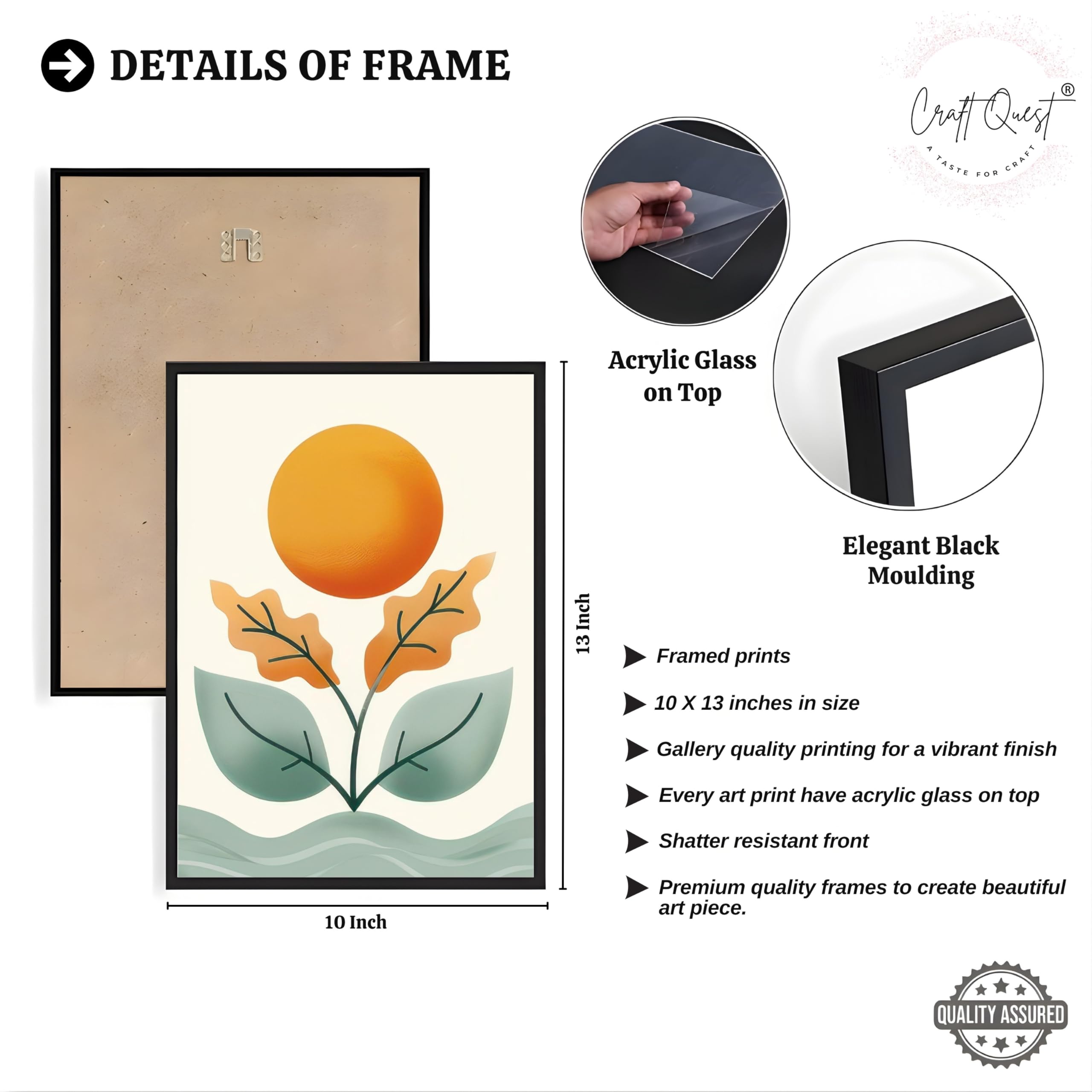 CRAFT QUEST Nature Inspired Sun & Moon Modern Boho Wall Art | Set of 3 Frames for Home Decoration | Ideal for Living Room, Bedroom & Offices