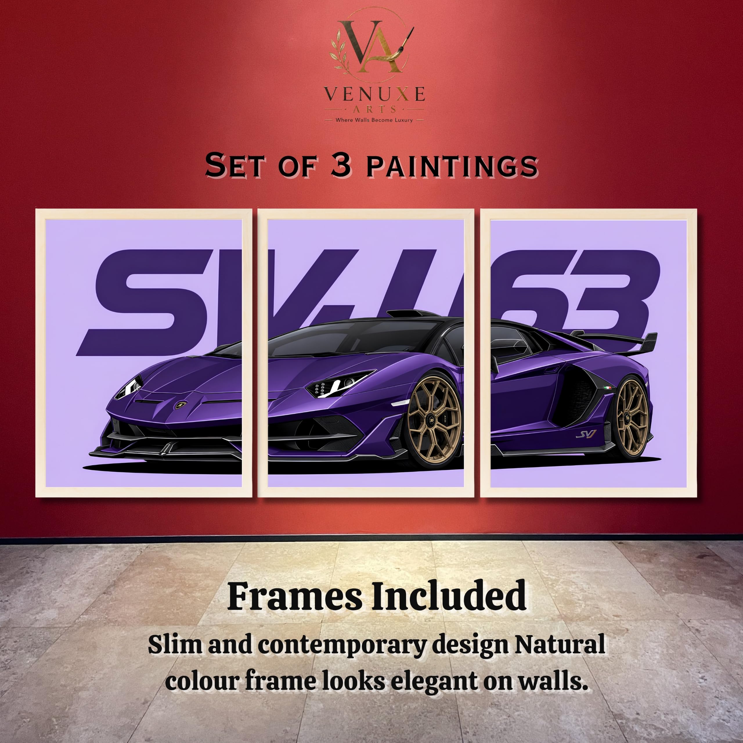 VENUXE ARTS Set Of 3 Big Sports Cars Framed Posters Gift Items for Boys Room Wall Decoration Bedroom Living Room Office Studio Décor | Car Poster Frame for Wall Décor