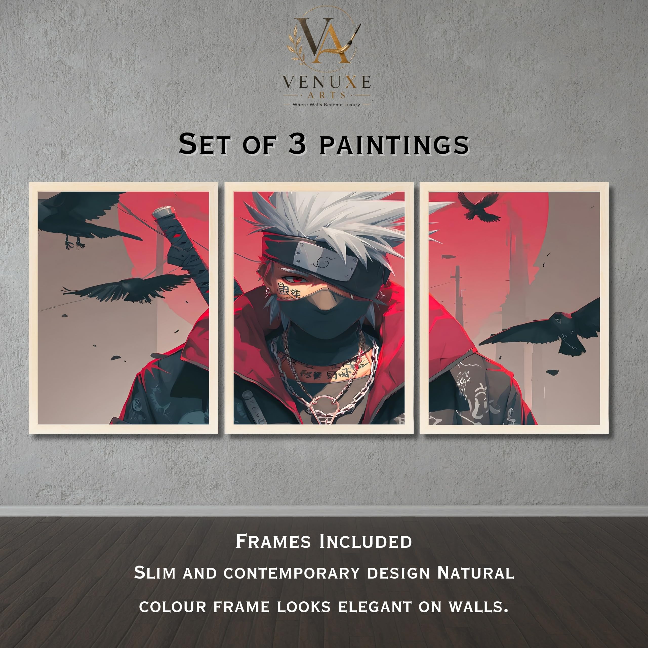 VENUXE ARTS Set Of 3 Anime Characters Wall Framed |Anime Characters Framed Poster for Living Room Bedroom Gaming Room Studio Wall Decor