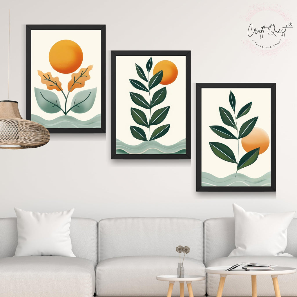 CRAFT QUEST Nature Inspired Sun & Moon Modern Boho Wall Art | Set of 3 Frames for Home Decoration | Ideal for Living Room, Bedroom & Offices