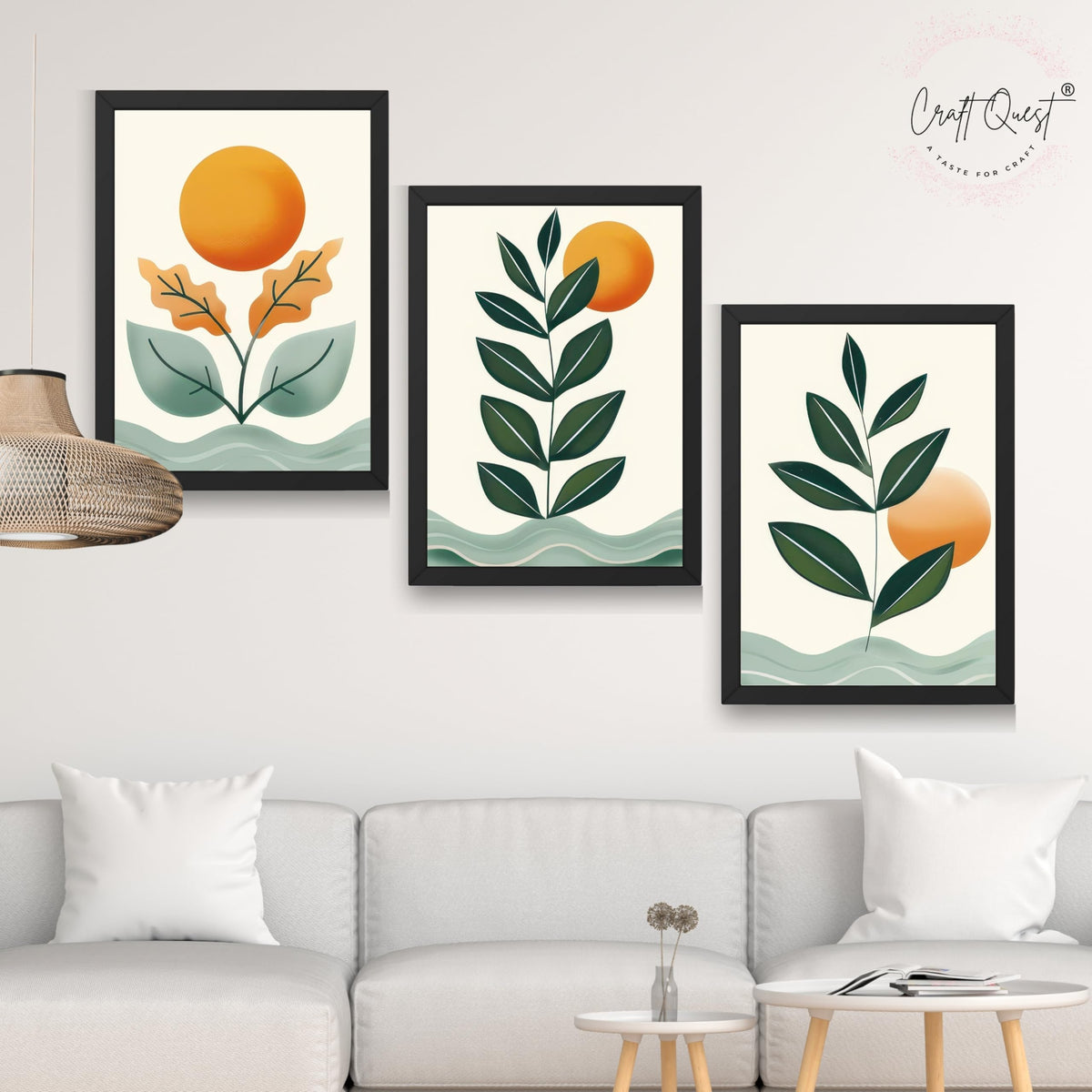 CRAFT QUEST Nature Inspired Sun & Moon Modern Boho Wall Art | Set of 3 Frames for Home Decoration | Ideal for Living Room, Bedroom & Offices
