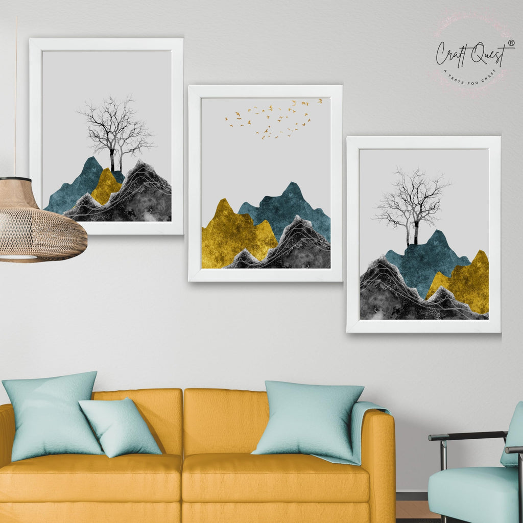 CRAFT QUEST Chinese Landscape Abstract Art Modern Art | Set of 3 Frames for Home Decoration | Ideal for Living Room, Bedroom & Offices