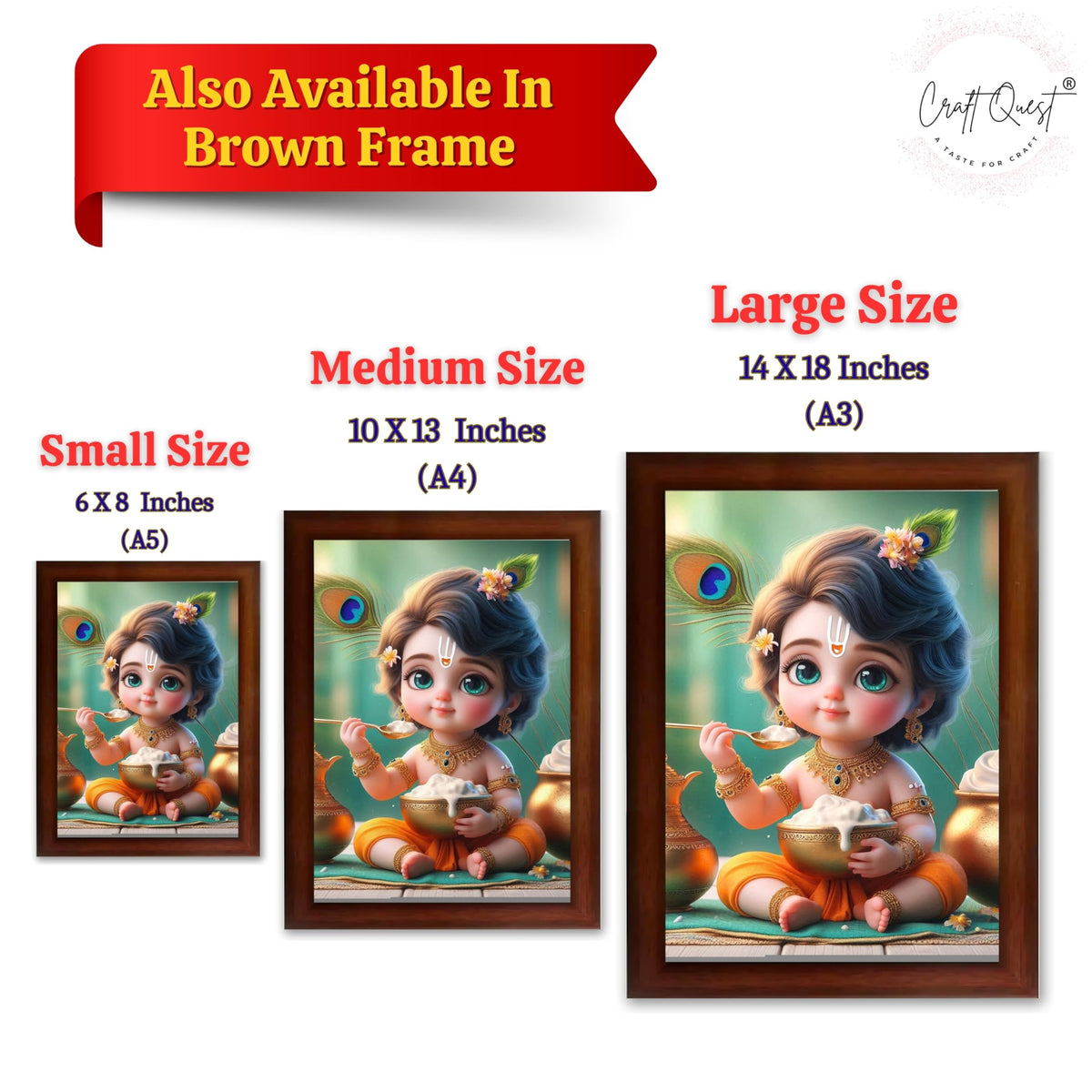CRAFT QUEST Cute Baby Krishna HD Print | Little Krishna Frame for Home Temple, Office Desk, Car Dashboard
