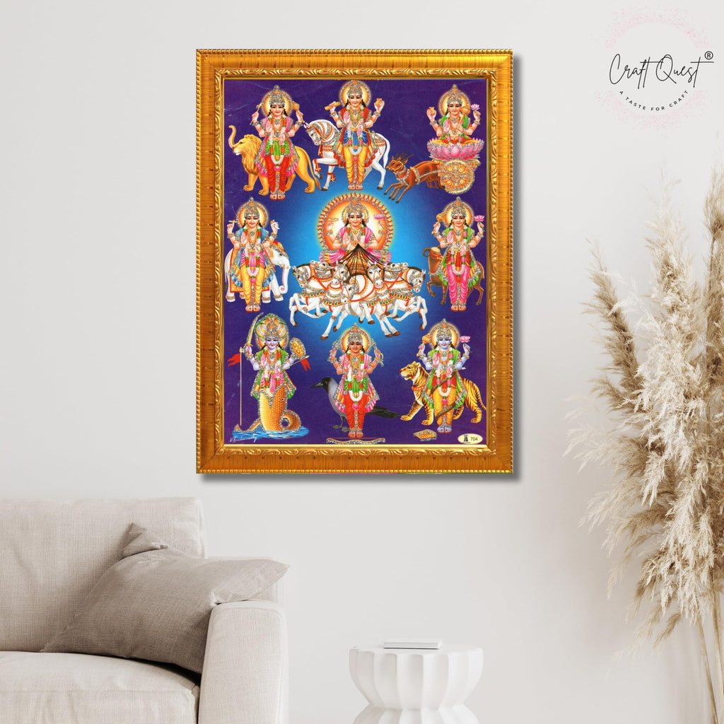 CRAFT QUEST Lord Surya Dev Bhagavan Bhagwan with 7 Horses Wall Painting | Hindu God Spiritual Framed | Ideal for Home, Office, Temple & Puja Room, Wall Decor