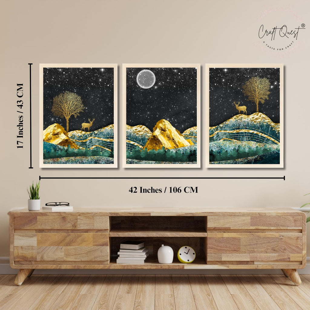 CRAFT QUEST Modern Art Landscape With Turquoise Mountains & Golden Trees Wall Art | Set of 3 Frames for Home Decoration | Ideal for Living Room, Bedroom & Offices
