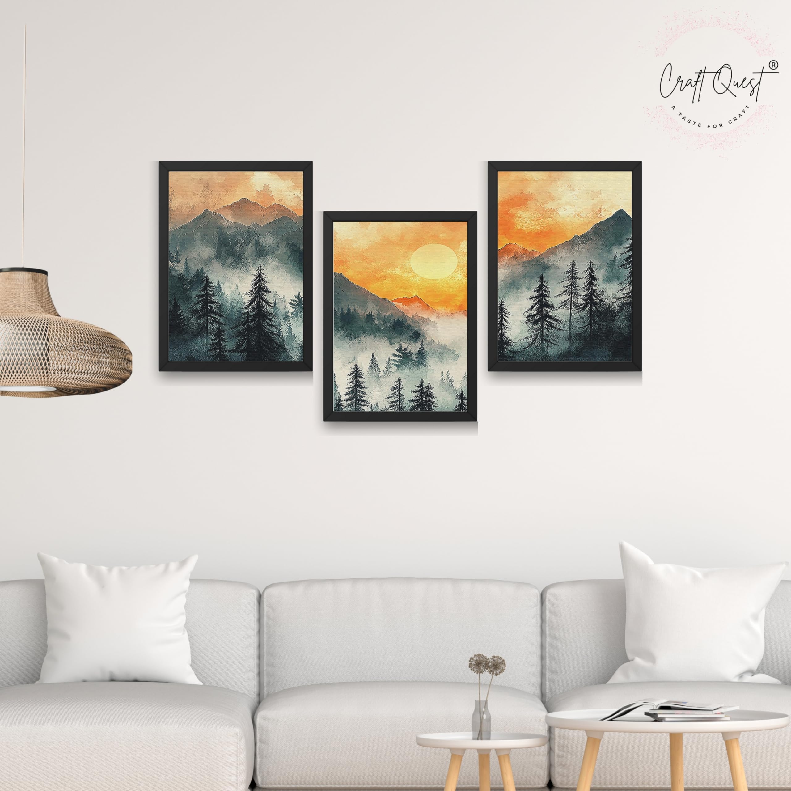CRAFT QUEST Nature Inspired Paintings With Trees & Mountains Wall Art | Set of 3 Frames for Home Decoration | Ideal for Living Room, Bedroom & Office