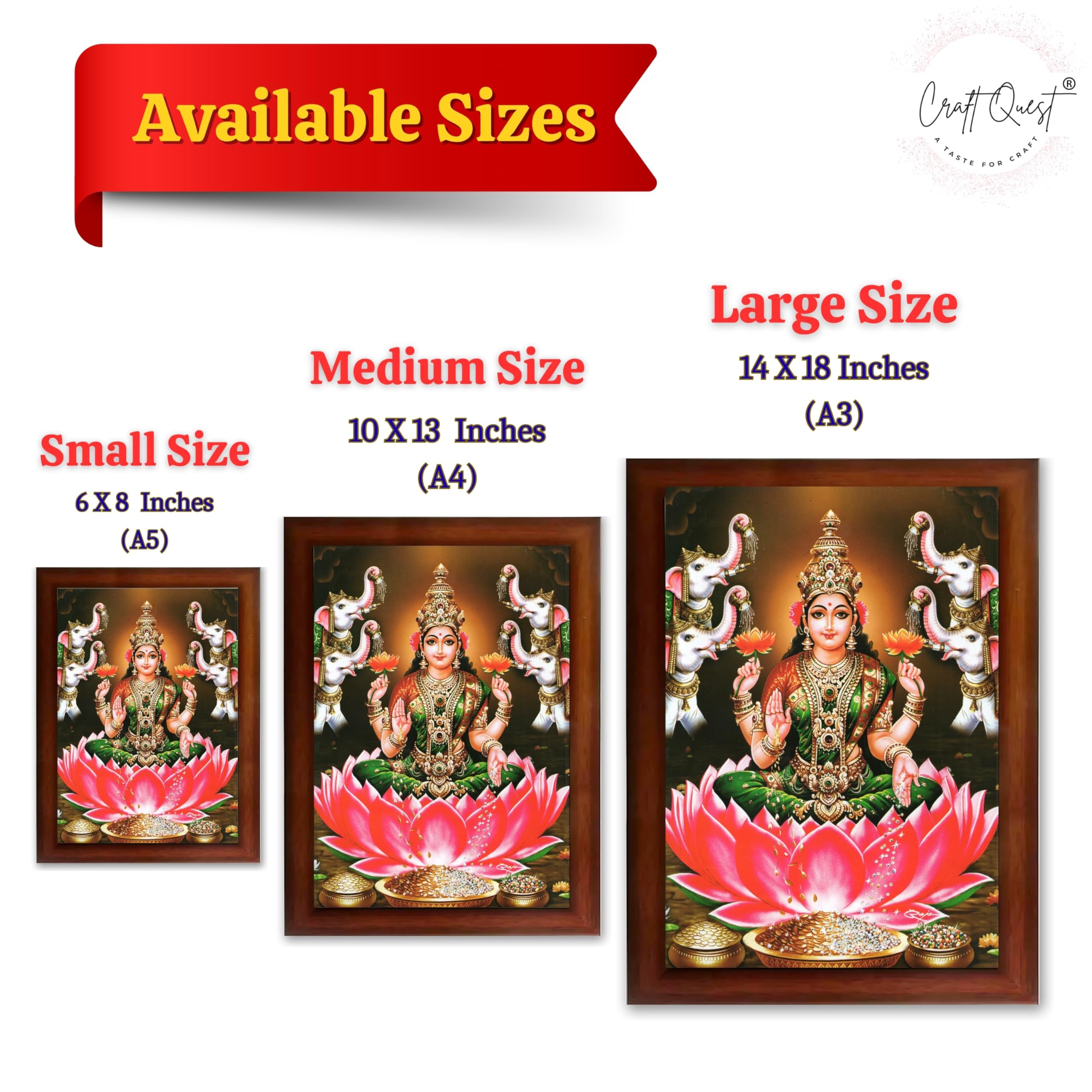 CRAFT QUEST Goddess Lakshmi Devi Vaibhav Laxmi Maa Wall Painting Photo Framed | Ideal for Home, Office, Temple & Puja Room, Wall Decor